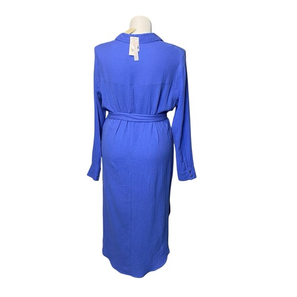 magaschoni Gauze Midi Dress‎ Women Sz M 100% Organic Cotton Belted Button Front - Picture 4 of 10